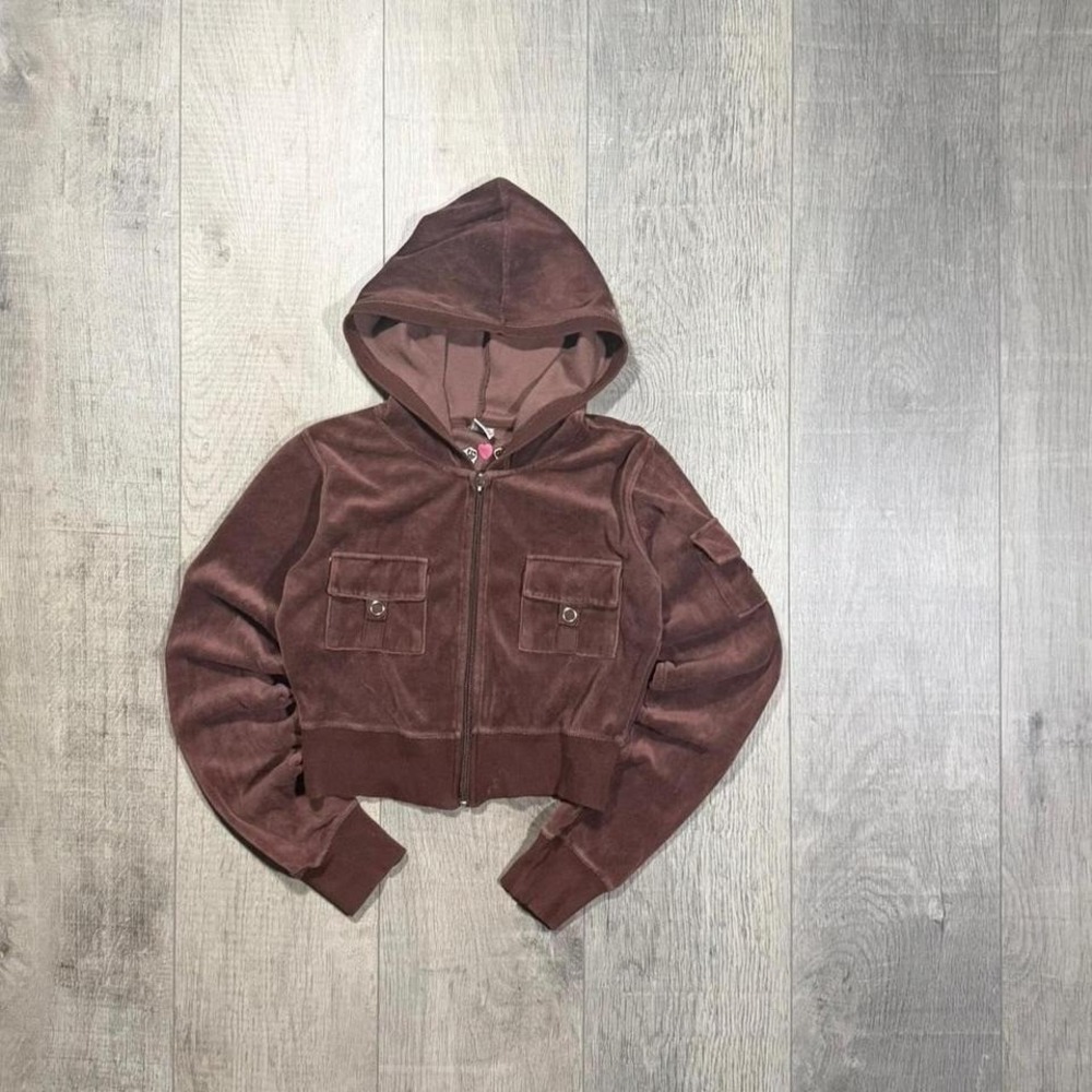 Women's vintage baby doll velour, velvet brown cropped full zip Apollo hoodie